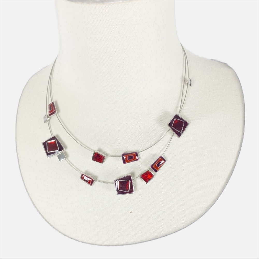 Passion Red & Plum Geometric Enamel Necklace – Modern Art-Inspired